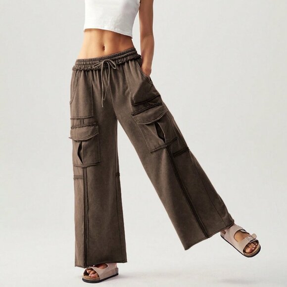 Pants - Coffee Brown Casual Women's Vacation Knit 3d Pocket Wide Leg Pants